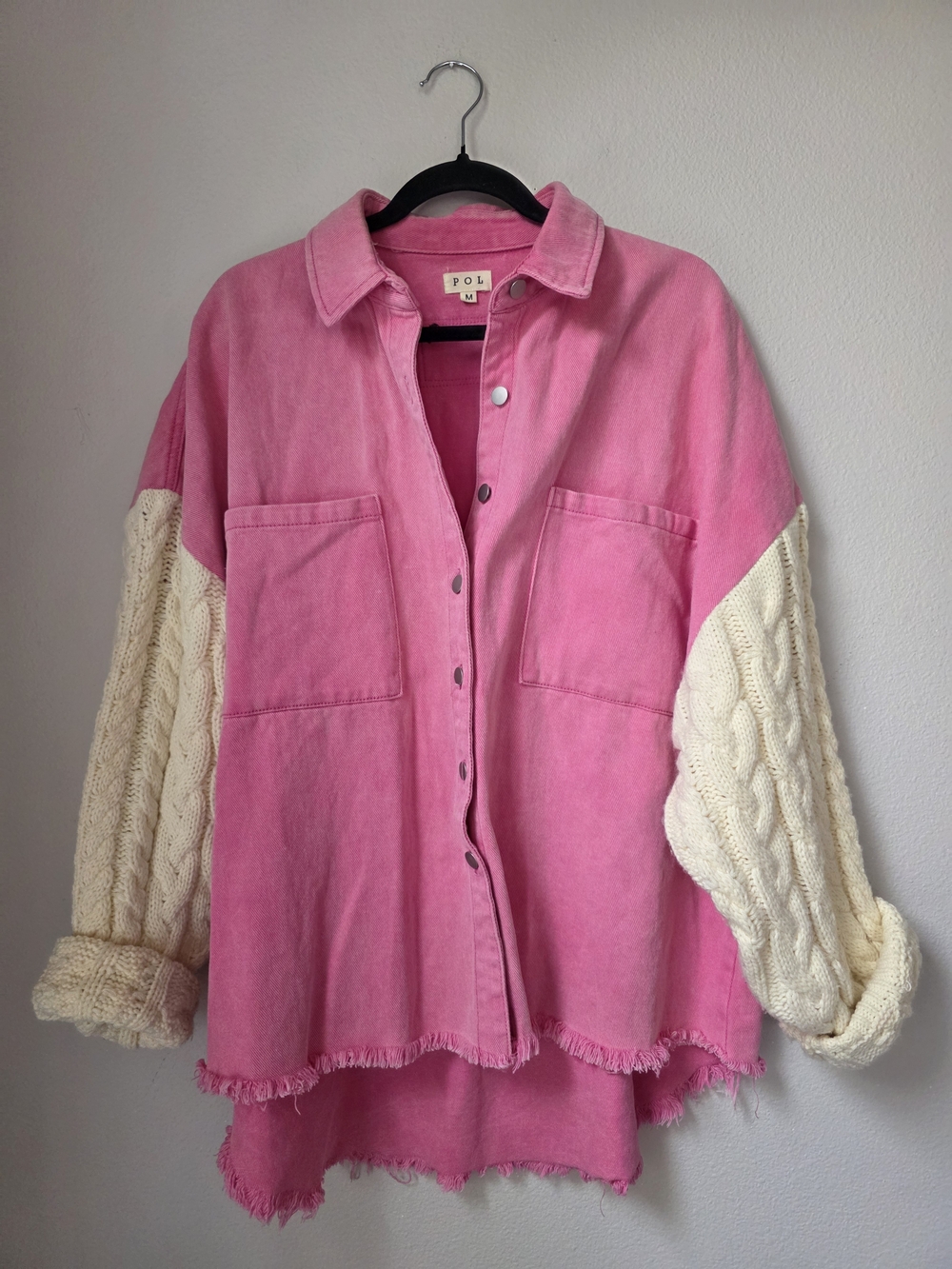 Oversized Pink Denim Jacket with Cream Cable-Knit Sleeves